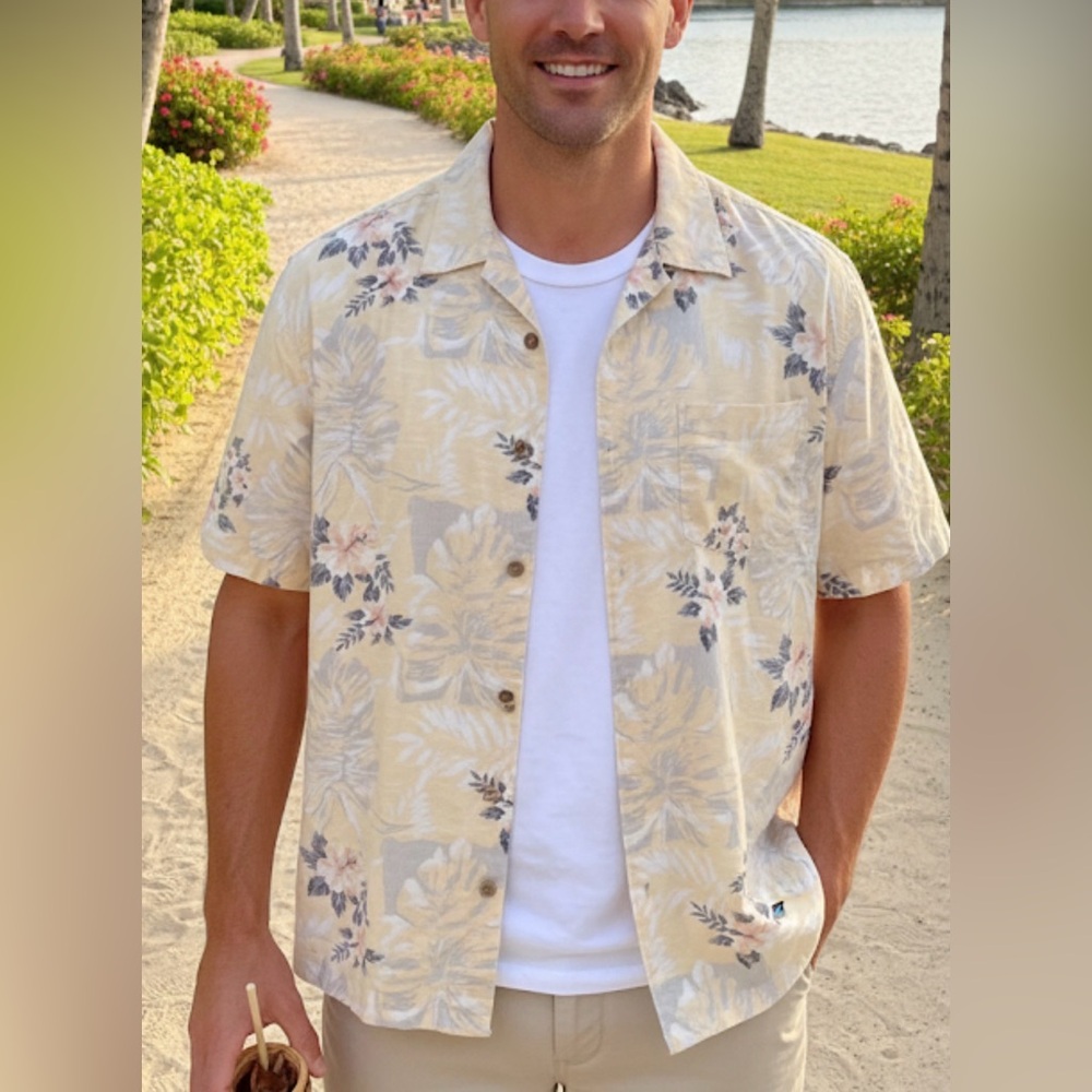 Palm Island Clothing Co Mens Yellow Floral Print Hawaiian Shirt Size L Boho